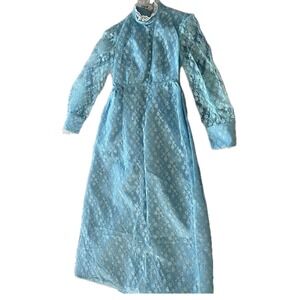 Handmade Vintage 70s Light Blue Lace Dress High Neck Cottagecore Victorian S
